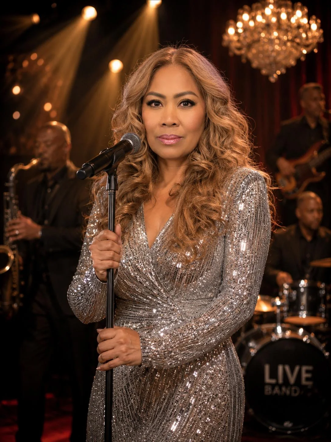 Josephine Pee im Silberkleid mit Live-Band in einem eleganten Saal