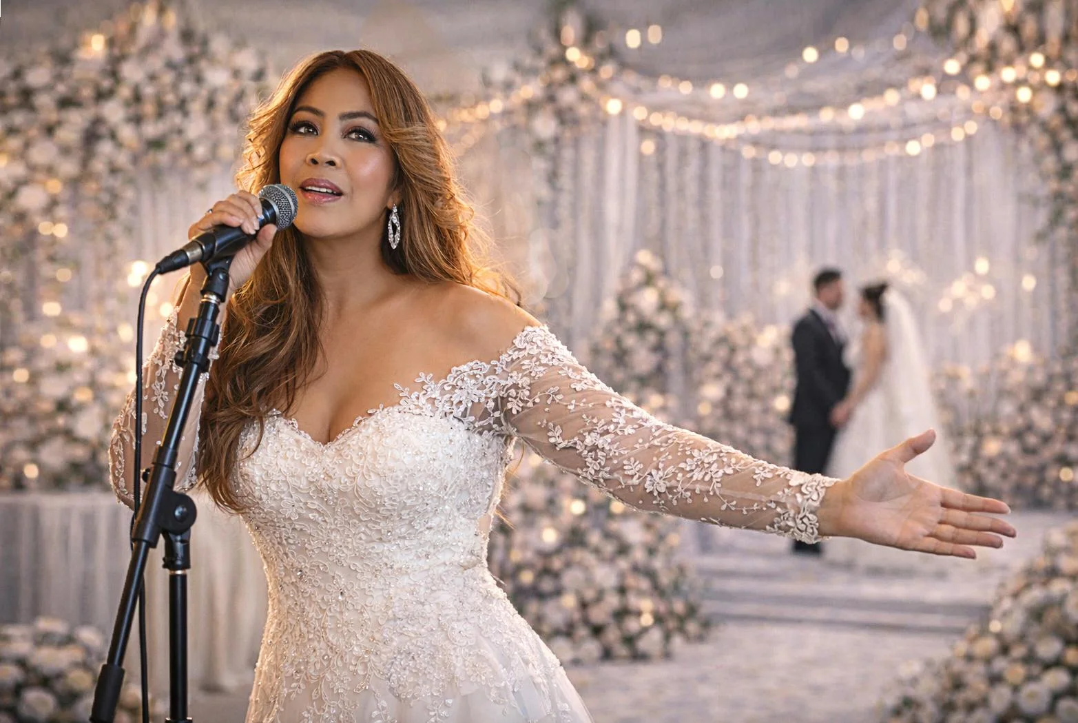 Josephine Pee im weissen Brautkleid, singend am Mikrofon bei einer Hochzeit, im Hintergrund ein Brautpaar